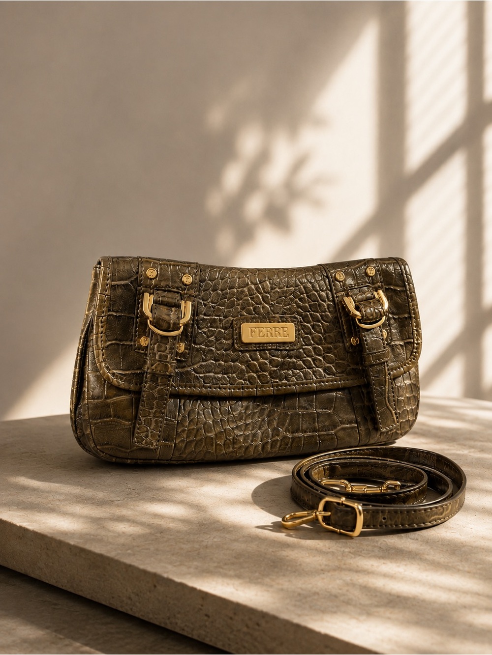 Gianfranco Ferre Olive Croc-Embossed Mini Shoulder Bag with Gold Hardware